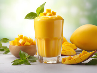 A glass of mango margarita with sliced fresh mango fruit and green leaves on light textured background. Creamy tropical drink, mango smoothie. Close up of mango drink. AI