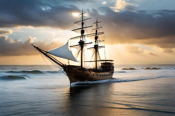 Fototapeta premium old styled wooden sailing ship in the sea cruising over beautiful sunset sky with clouds created with generative ai technology