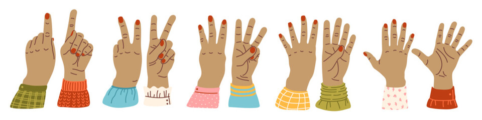 Hands count, counting on the fingers Hand gesture vector illustration isolated. Numbers on the hands. Hand smudge. different nationalities races Diverse society Cartoon style