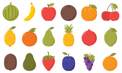 Fototapeta na wymiar Set of fruits. Tropical fruit. Vector isolated fruit illustration set. Fruit icons vector set. Illustration of color fruits.
