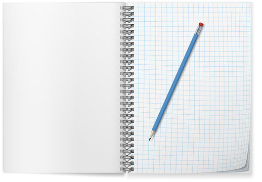  opened spiral notepad  and  blue pencil