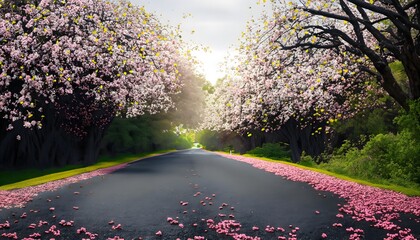 road with flowering trees both sides, leaves and flowers spread in the background, autumn season landscape, AI Generated