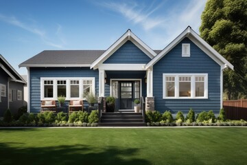 The image exhibits the front display of a recently built residence featuring blue vinyl siding. The house, designed in a ranch style, is accompanied by a spacious yard. - obrazy, fototapety, plakaty