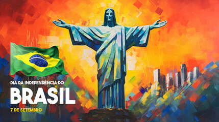 Brazil Independence Day Colorful Background with Christ the Redeemer for Poster, Banner, Flyer.