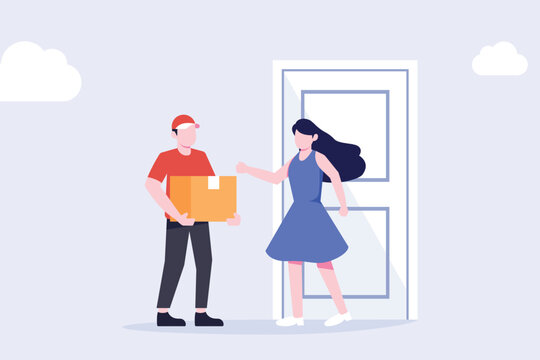 courier, delivery man holding product box, cash on delivery, delivery man standing at door with customer