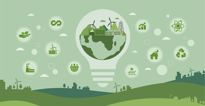 concept of green energy and electric energy Climate change is reduced in style vector icon. green environment infographic design template for web banner