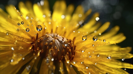dandelion seed with golden water drops. close up. generative ai