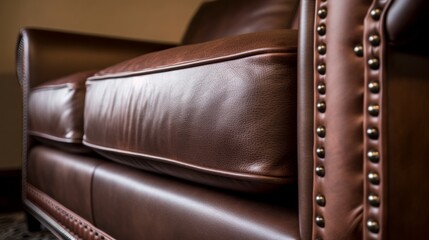 close up detail design of trimming and leather finishing of armchair sofa classic style home interior concept,ai generate