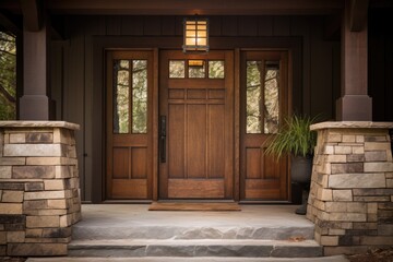 A wooden front door entrance to a home in the style of Arts and Crafts.
