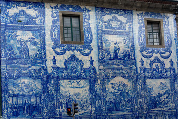 chapel of souls capela das almas with beautiful blue white azulejo tiles facade in Porto Portugal
