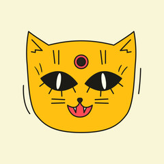 Psychedelic vector drawing of trippy cat head. Groovy animal character icon. 70s and 80s style funky design. Abstract acid art sticker