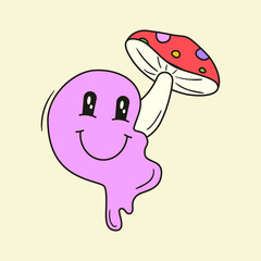 Fototapeta premium Hand drawn melting face emoji with abstract amanita mushroom. Funky doodle dripping smile vector illustration. 90s psychedelic symbol. Trippy art