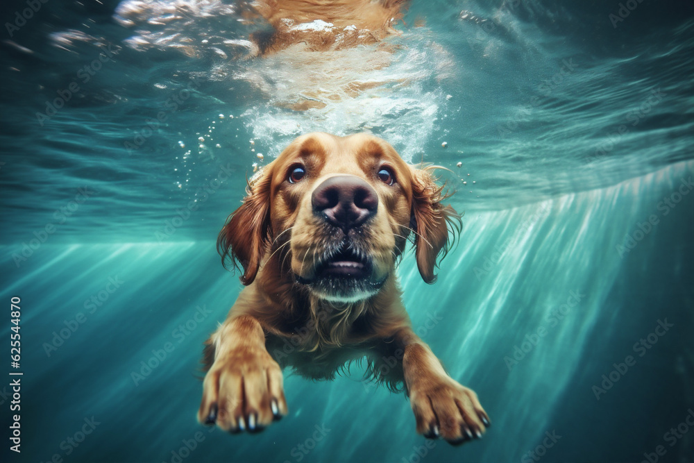 Wall mural dog swimming pool vacation fun snorkeling underwater funny puppy water. Generative AI.