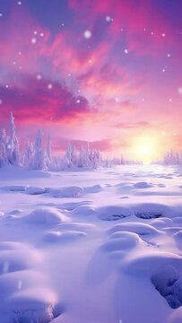 Winter sunrise over calm landscape with snow covered trees. Snowy wintertime nature in vertical format and as 4K video loop
