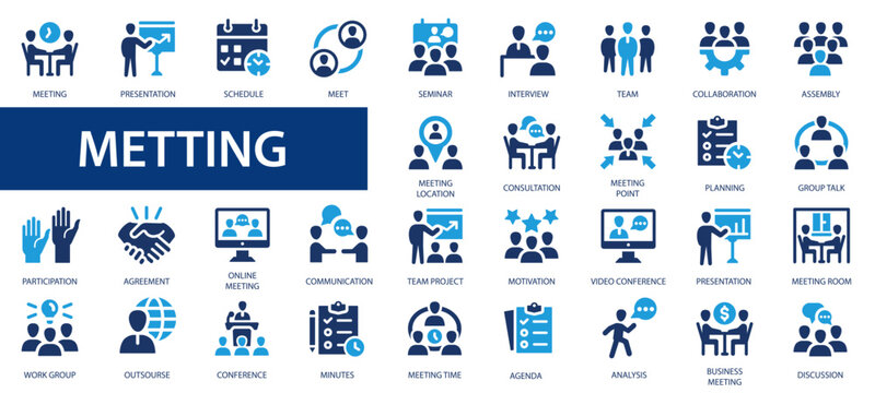 Meeting vector icon set. Conference, classroom, containing seminar, team, interview, conference, work, classroom collection.
