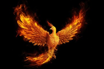 Obraz premium Burning bird phoenix isolated on black background. Bird phoenix. Generative Ai