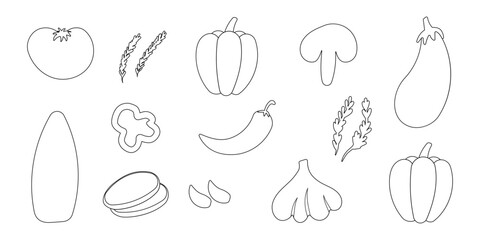 vegetables vitamins doodle line garden elements set