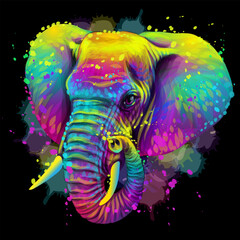Elephant. Neon, abstract, color portrait of an African elephant in watercolor style on a black  background. Digital vector graphics.