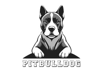 Vector black and white ink lying strong powerful dog of the pit bull breed on a white background. Logo or sticker.