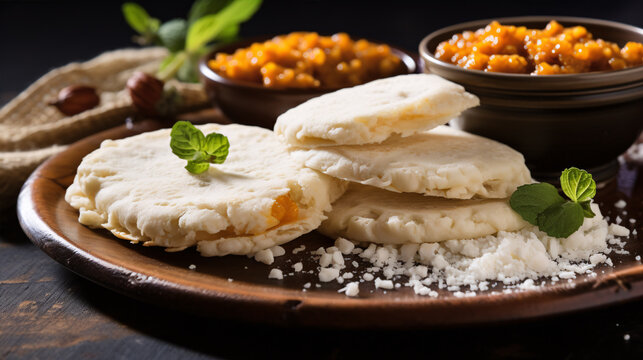 Delicious Tapioca, a brazilian snack made with cassava flour and shrimp, manioc on a plate. Food design.