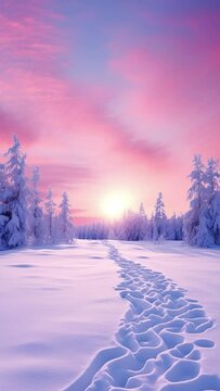 Winter sunrise over calm landscape with snow covered trees. Snowy wintertime nature in vertical format and as 4K video loop