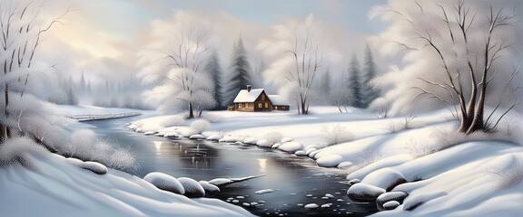 Banner Beautiful Winter house in the snow forest and river, against