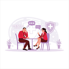 Male patients consult a professional doctor or psychologist. The psychologist asks several questions to the patient. Trend modern vector flat illustration.