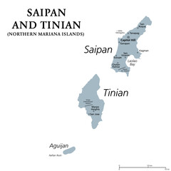 Saipan and Tinian, Northern Mariana Islands, gray political map. Islands of the Mariana Archipelago. Unincorporated territory and commonwealth of United States with administrative center Capitol Hill. © Peter Hermes Furian