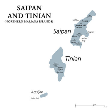 Saipan and Tinian, Northern Mariana Islands, gray political map. Islands of the Mariana Archipelago. Unincorporated territory and commonwealth of United States with administrative center Capitol Hill.