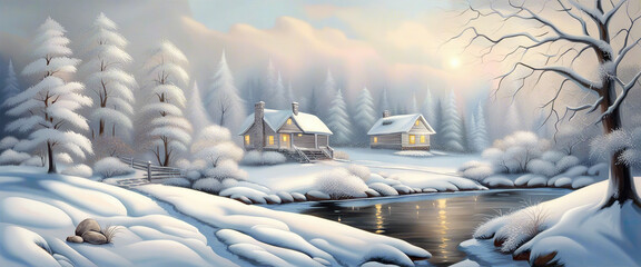 Winter fairy tale landscape, with houses and a river, in a winter snowy forest