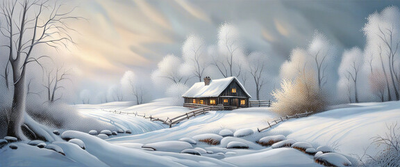 Winter fairy tale landscape, with houses and a river, in a winter snowy forest