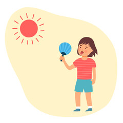 Cute little girl holding hand fan in hot day. Sweaty child in summer outfit.