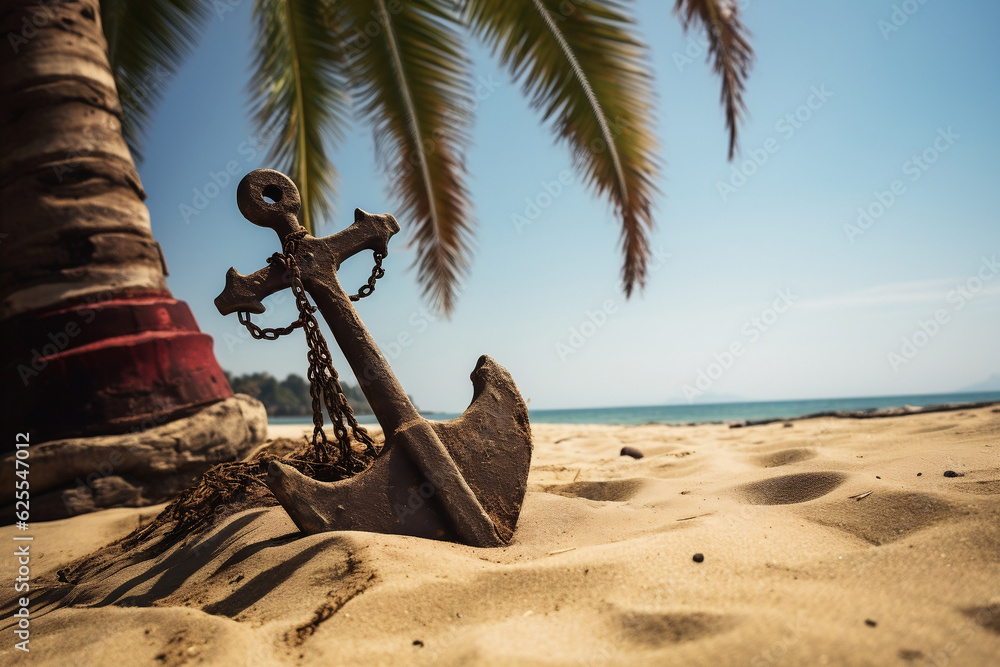 Sticker A captivating image of an old pirate ship anchor resting in the sand under a palm tree. 
It brings to life tales of hidden treasures, tropical adventures, and a pirate's life on secluded islands.