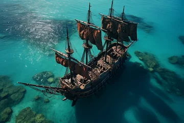 Fototapeten A captivating bird's-eye view of a pirate ship cutting through teal blue ocean waters.  The image symbolizes exploration, freedom, and the daring spirit of a seafarer. © Davivd