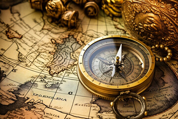 An intriguing close-up shot of a vintage pirate map and an old compass. The image speaks of sea...