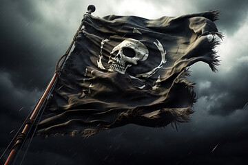 A dramatic photo of a tattered pirate flag waving defiantly against a backdrop of a stormy sky....
