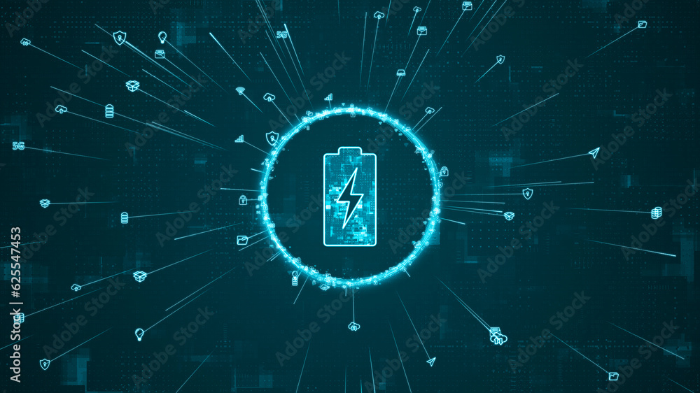 Poster blue digital battery logo and ring rotation around logo with ai icon spread and line linked on abstr