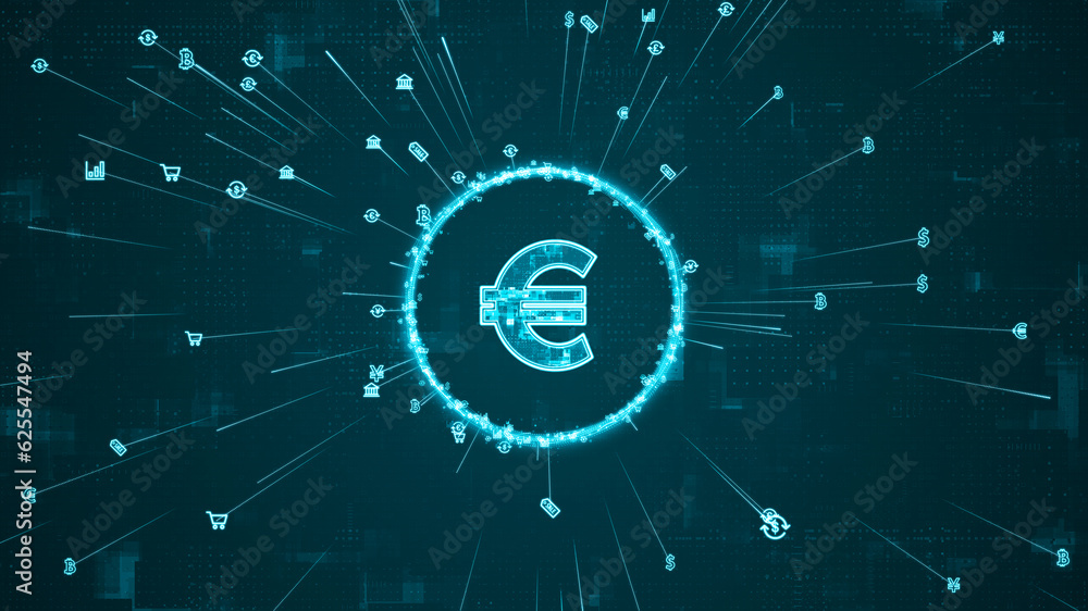 Poster blue digital money logo and ring rotation around logo with ai icon spread and line linked on abstrac