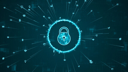 Blue digital security key logo and ring rotation around logo with ai icon spread and line linked on abstract background with network firewall technology and data secure concept