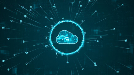 Blue digital cloud conputing logo and ring rotation around logo with ai icon spread and line linked on abstract background with storage big data backup concepts