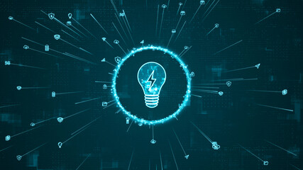 Blue digital WIFI logo and ring rotation around logo with ai icon spread and line linked on abstract background with lightbulb and ideas concepts