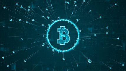 Blue digital money logo and ring rotation around logo with ai icon spread and line linked on abstract background with crypto currency finance and digital money concepts
