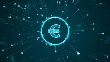 Blue digital money logo and ring rotation around logo with ai icon spread and line linked on abstract background with crypto currency finance and digital money concepts