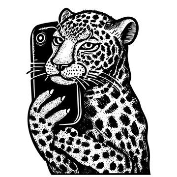 beautiful leopard holding a phone illustration 