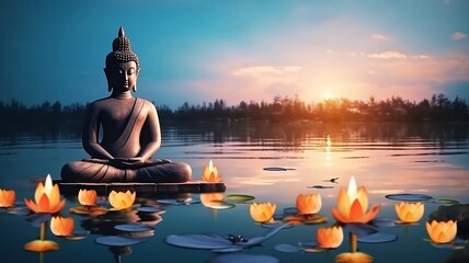 Buddha statue in a pond, Generative AI illustrations