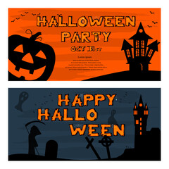 Halloween party and Happy Halloween banners template with pumpkin and Halloween elements. Spooky banner for Halloween. Vector illustration.