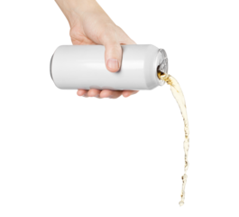 Hand holding white aluminium can, pouring beer or soda, cut out