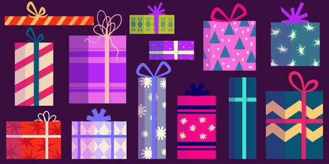 Gift Christmas present set. Colorful box with ribbon. Holiday xmas giftbox. Cartoon vector illustartion. Gift xmas with ribbon.