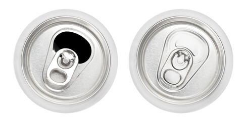 Top view of opened and closed white aluminium cans, cut out