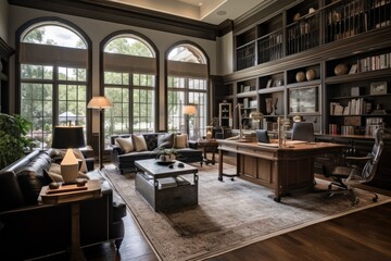 The elegant luxury home features high ceilings and classic furnishings in its interior rooms, including a home office, kitchen, and study area.